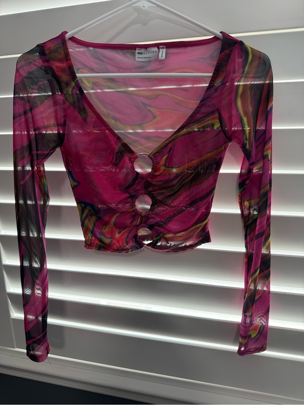 ASOS Magenta Sheer Long-Sleeve Crop Top with Swirl Print